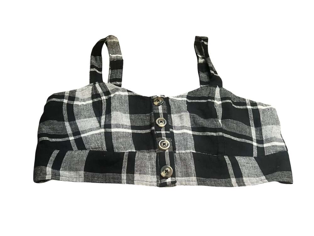 American Eagle Women's Black and White Plaid Smocked Button-Front Crop Top